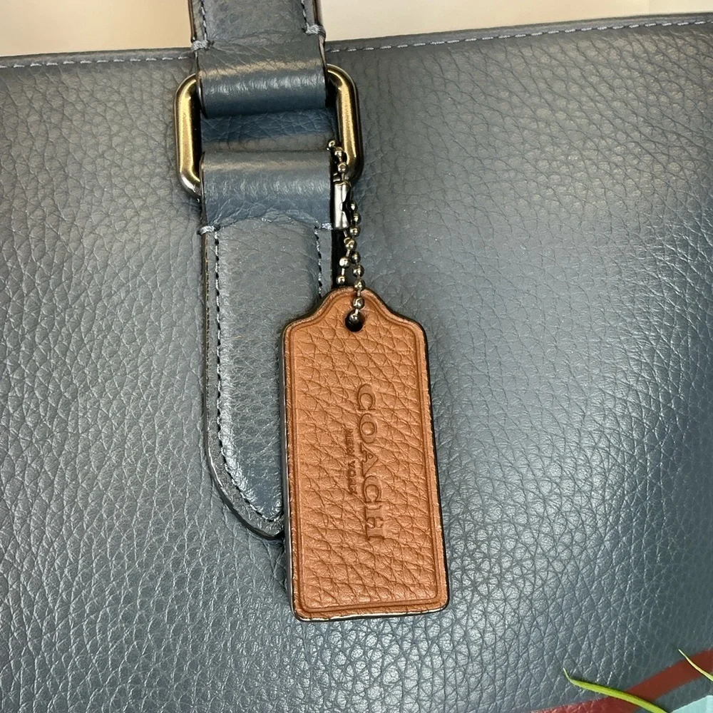 Coach Unisex Graham Stripe Blue‎ Leather Large Tote Shoulder Bag Work Laptop